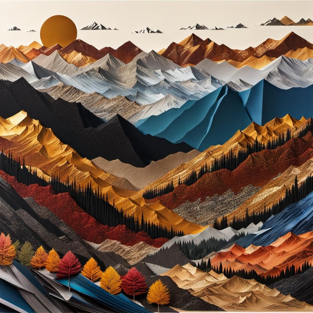 Colorful Collage Mountainscape with Mixed Media