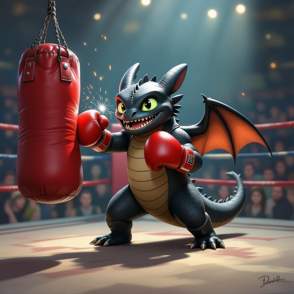 Toothless Dragon Punches a Boxing Bag in Dramatic Lighting