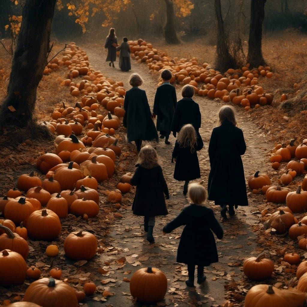 Children in Black on Pumpkin Path: Bruegel-esque Autumn Scen...