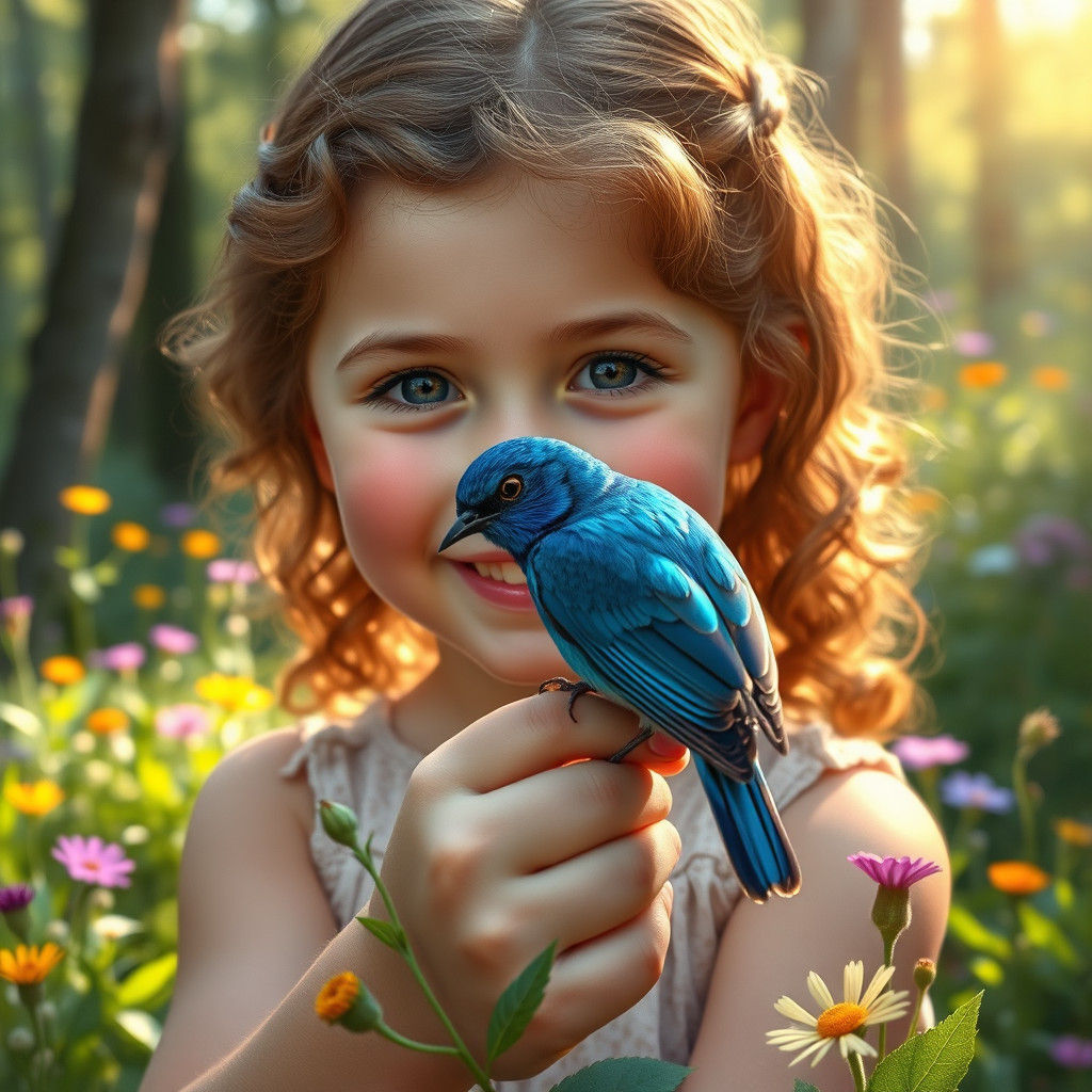 Girl and Bird in Forest Glade