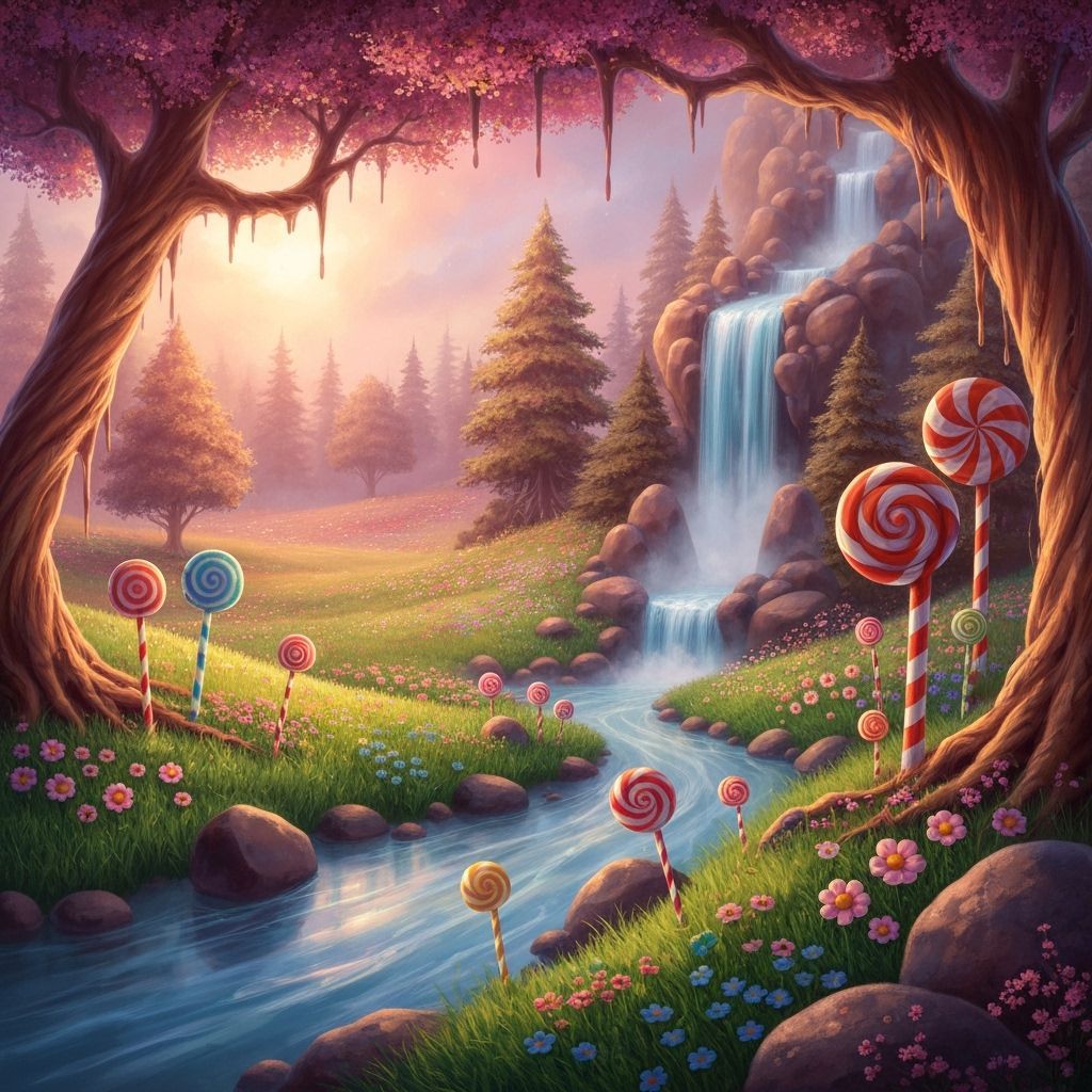 Candyland Meadow with Chocolate Waterfall: A Vibrant Fantasy