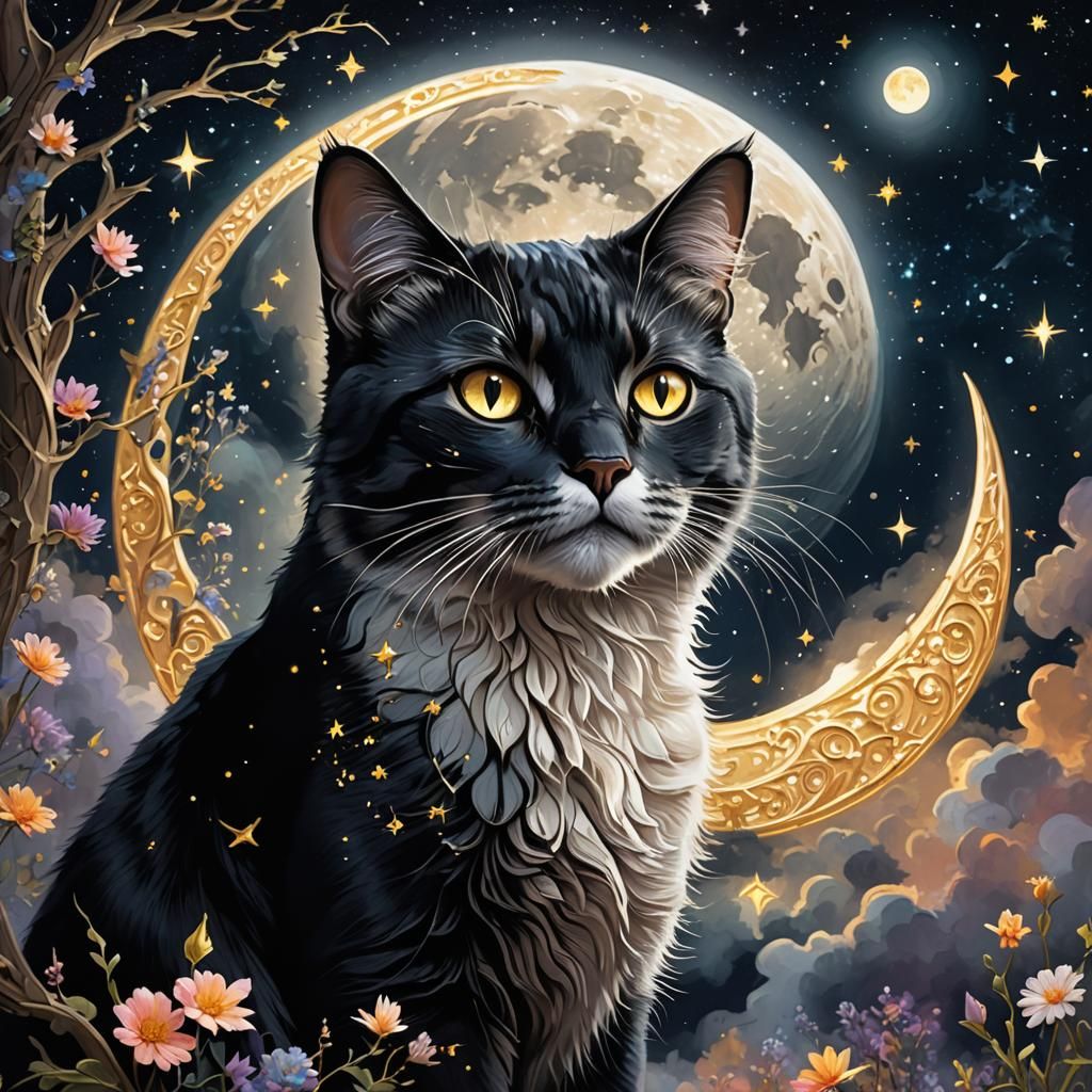 Cosmic Black Cat in Moon Glow: Digital Art