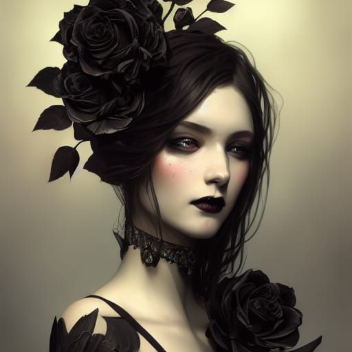 Gothic Portrait with Black Roses in Digital Art Style