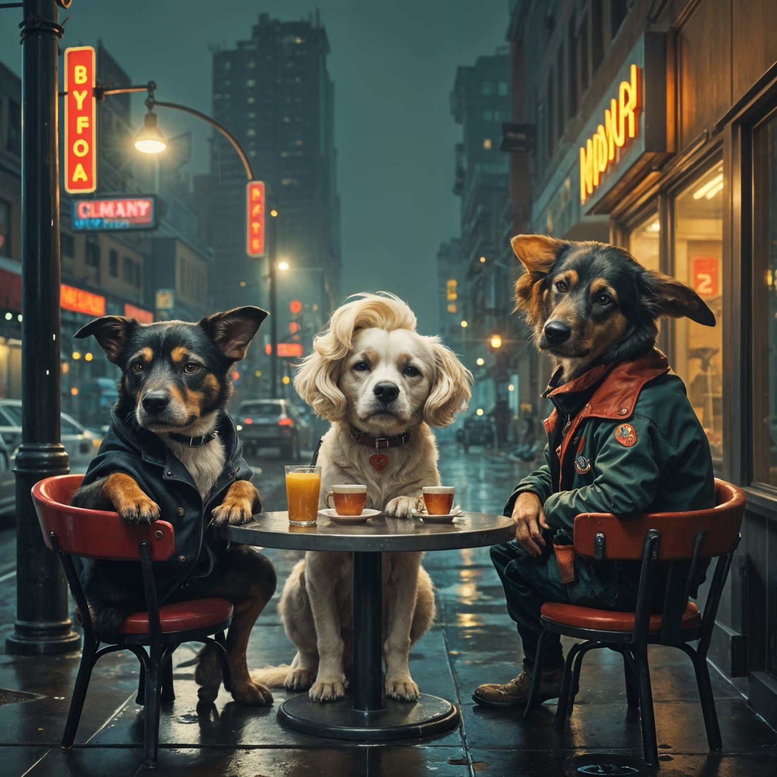 Canine Icons in a Rainy Cyberpunk Cityscape