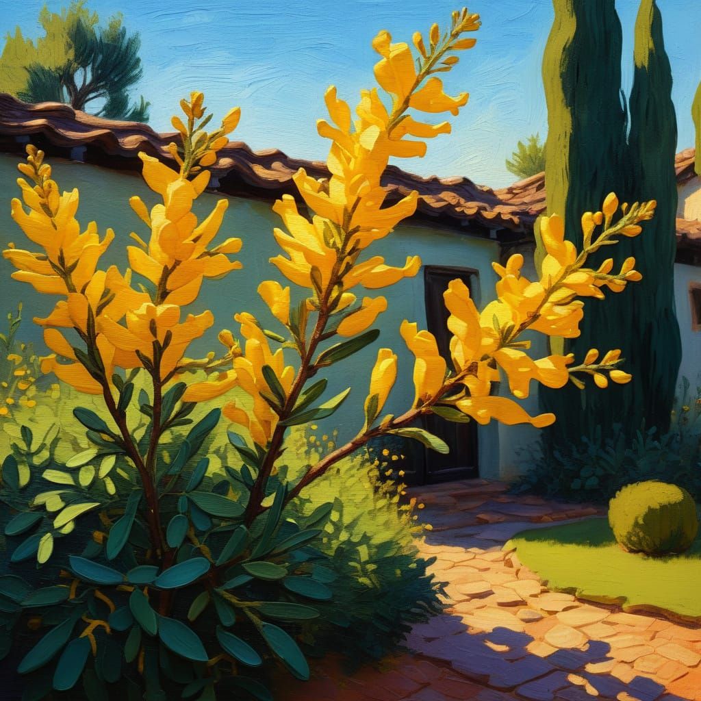 Vibrant Genista Branch in Golden Hour Light, Impasto Gouache...