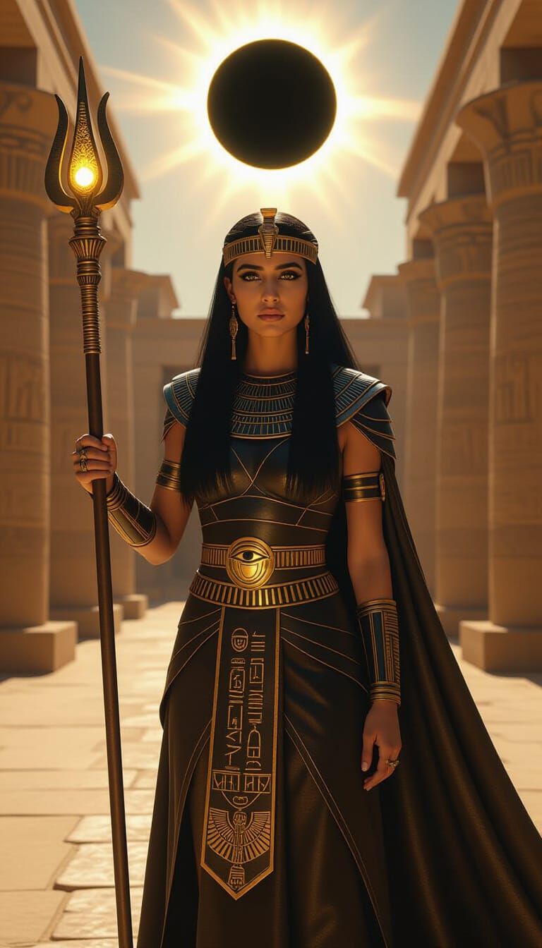 Egyptian Warrior Queen in Temple Courtyard