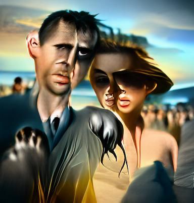 Sunrise Beach Walk: Film Noir Digital Illustration