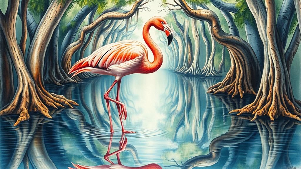 Surreal Flamingo Dreamscape in Watercolor
