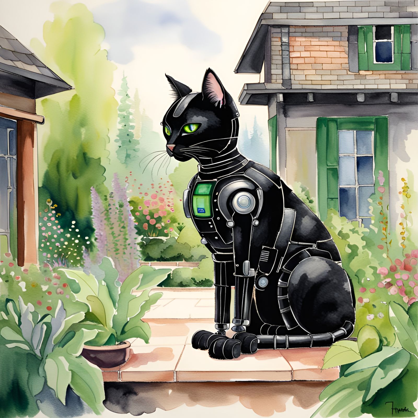 Robotic Cat in Futuristic Garden, Watercolor Style