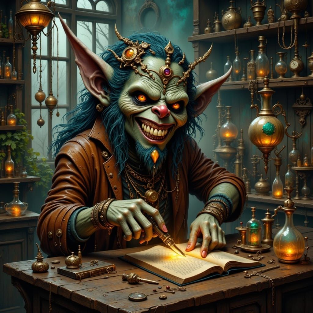 Troll Alchemist in Steampunk Dark Fantasy Laboratory