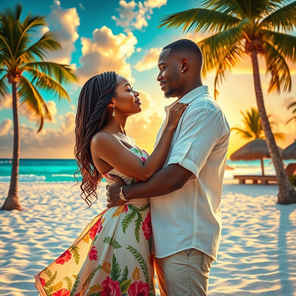 Caribbean Couple Embracing on Sun-Drenched Beach