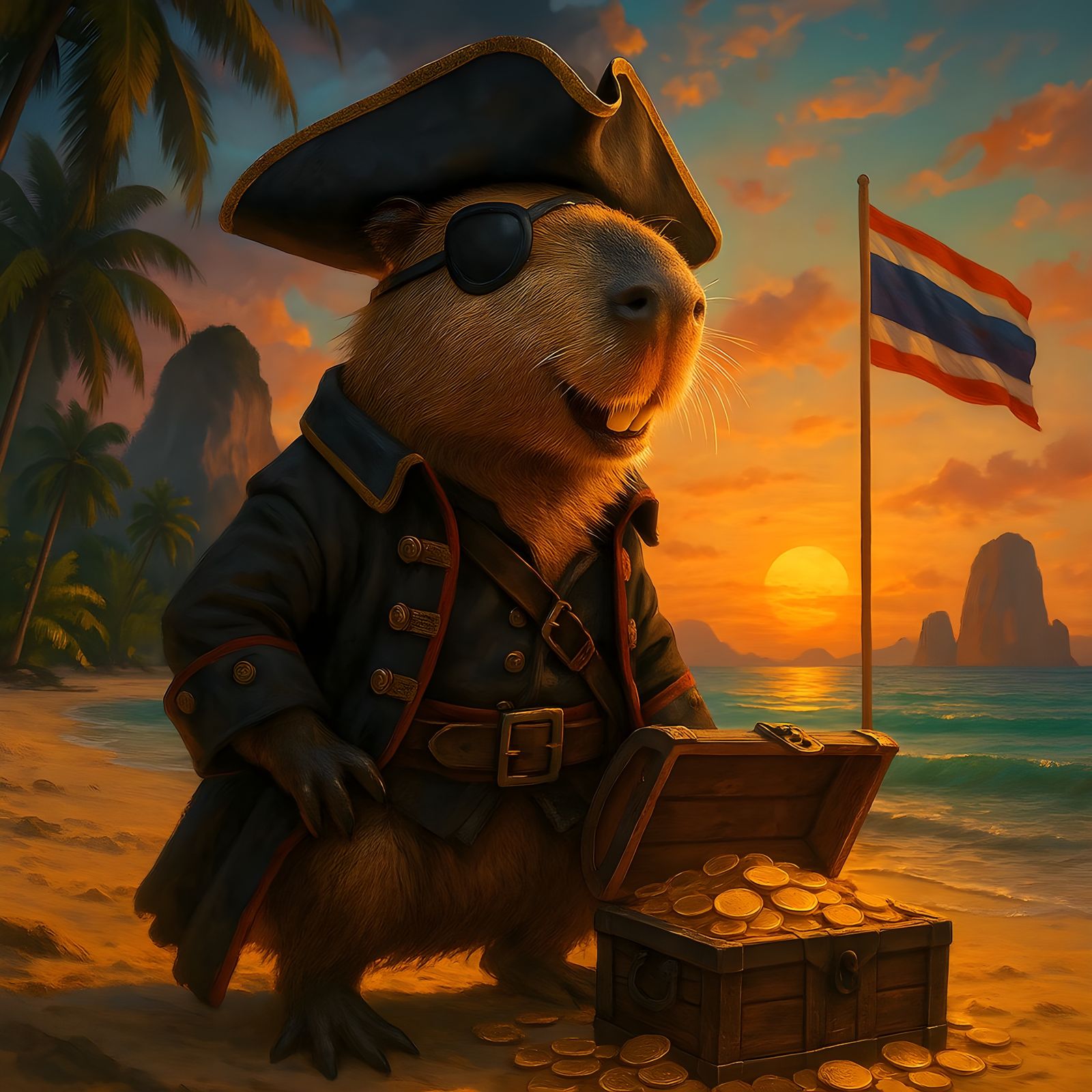 Capybara Pirate on Thailand Beach in Hyperrealism