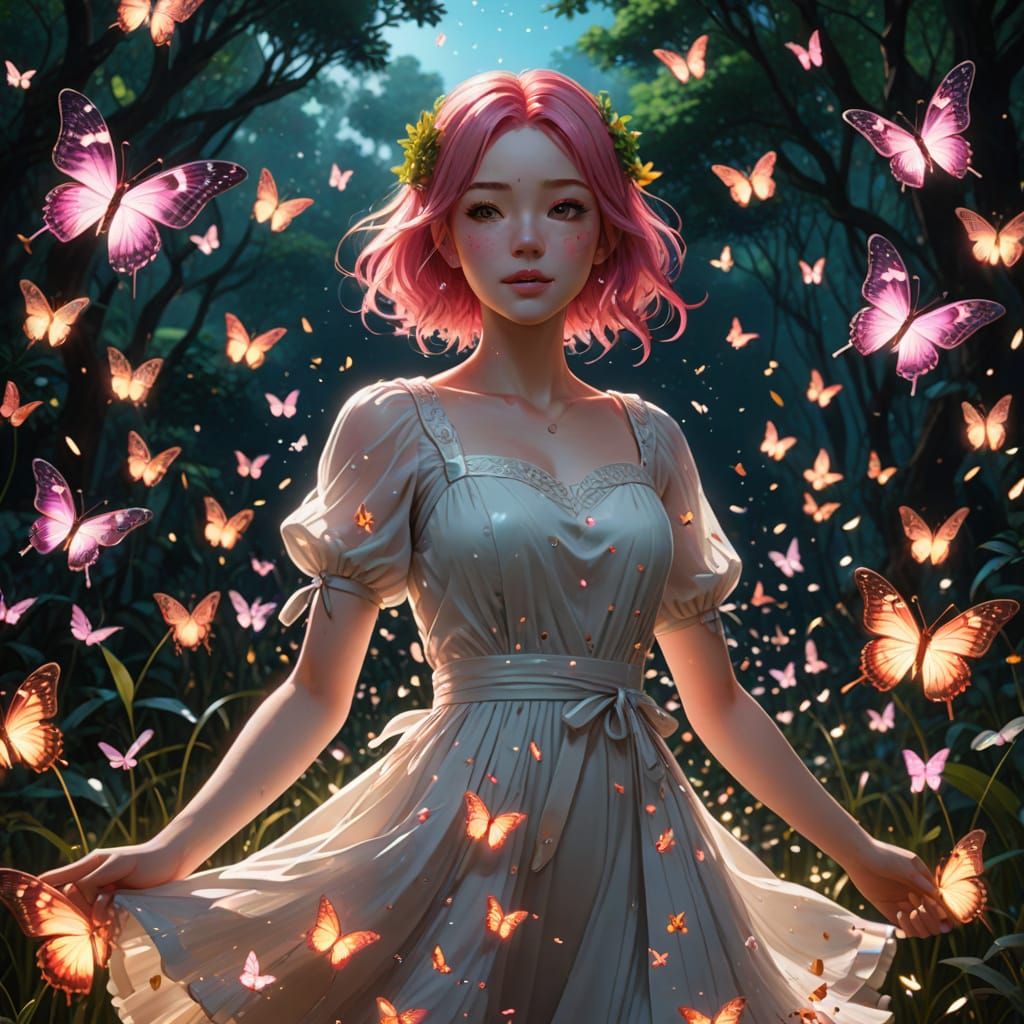 Anime Girl Dancing with Butterflies in 3D Style