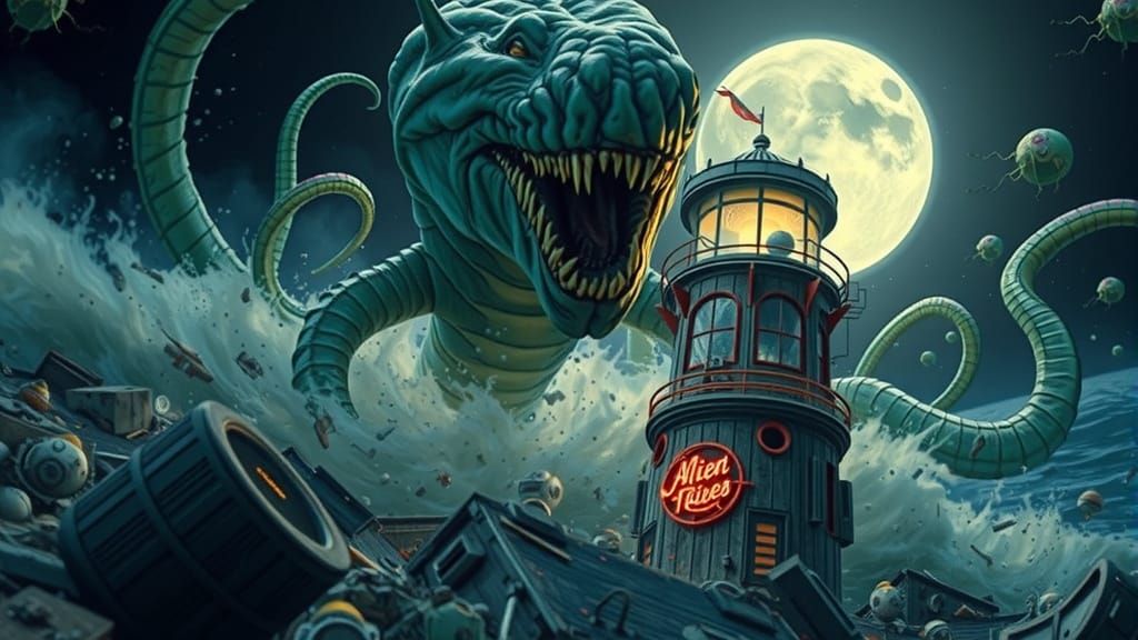 Bioluminescent Tentacle Beast Engulfs Retro Lighthouse