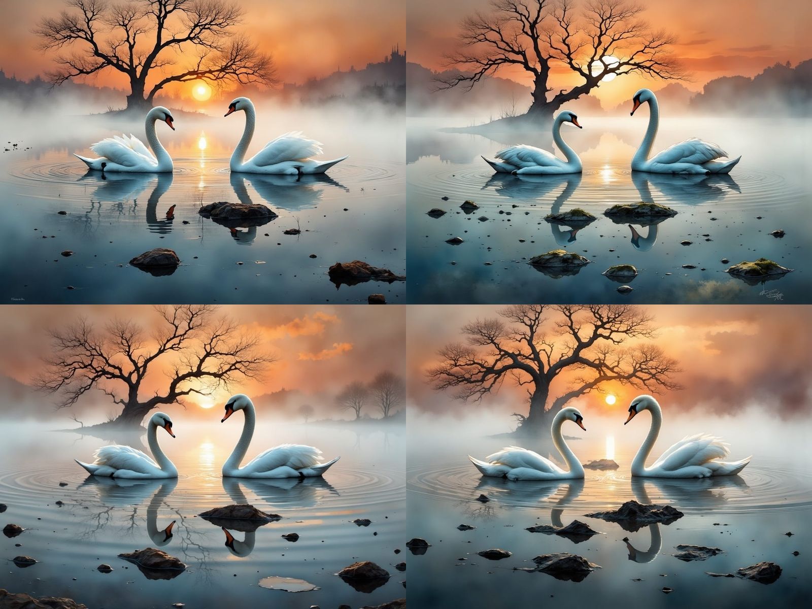 Swans Gliding in Misty Lagoon at Sunset