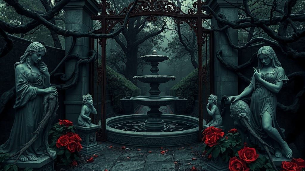 Eerie Twilight Garden with Twisted Vines and Statues