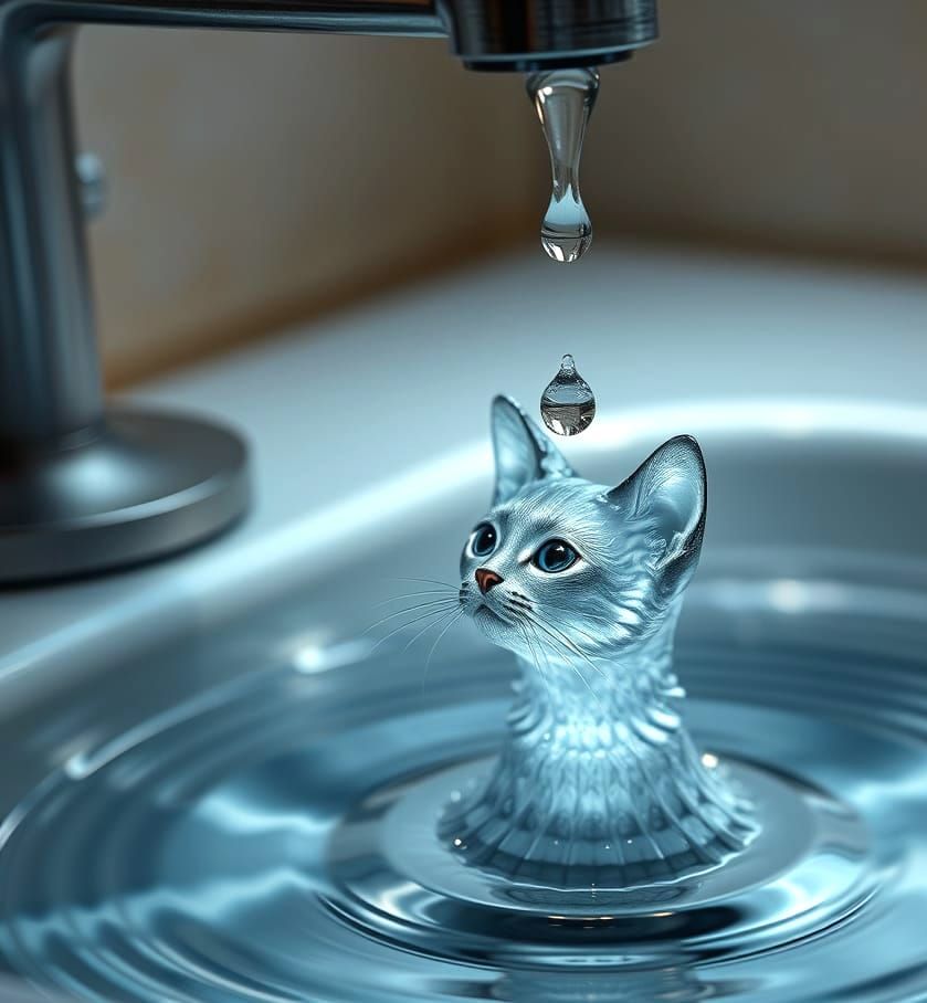Water Cat Rises from Kitchen Tap Ripples