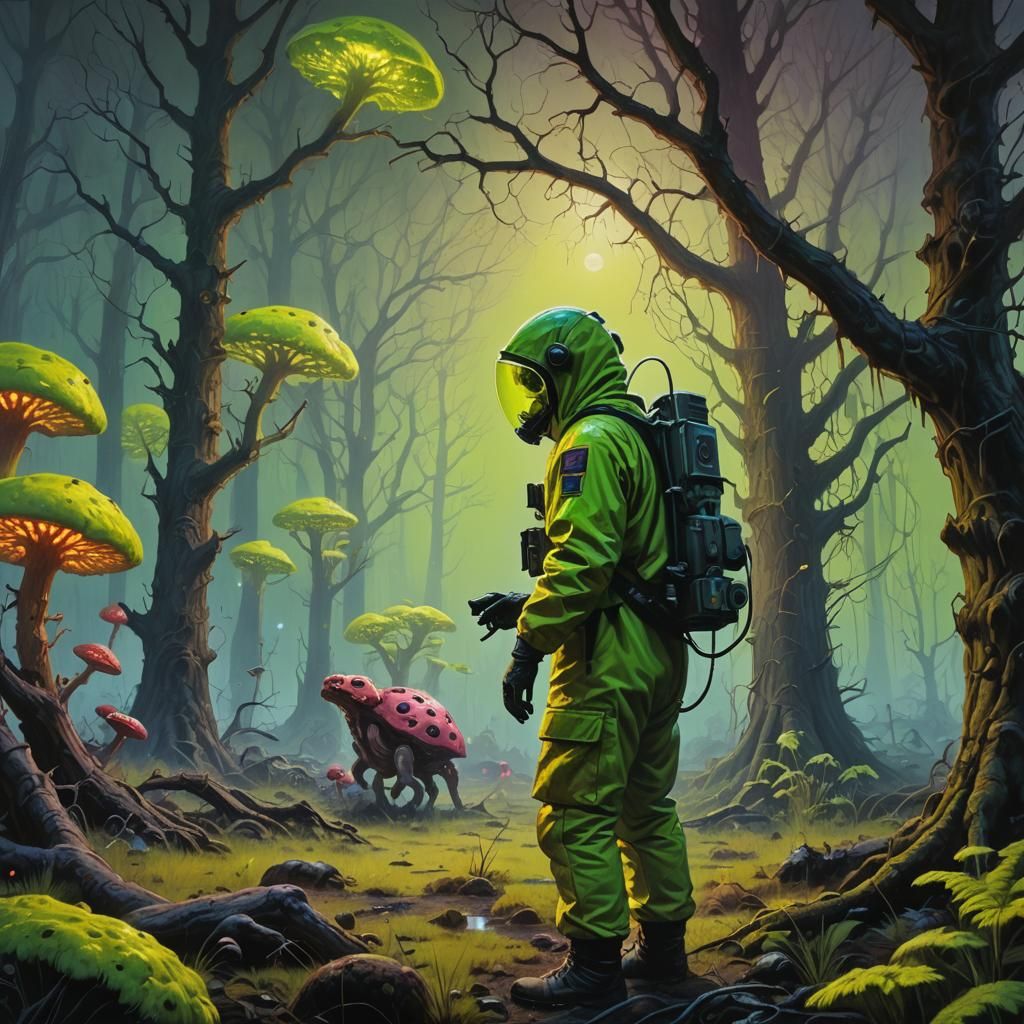 Researcher Studies Mutated Animals in Neon Landscape