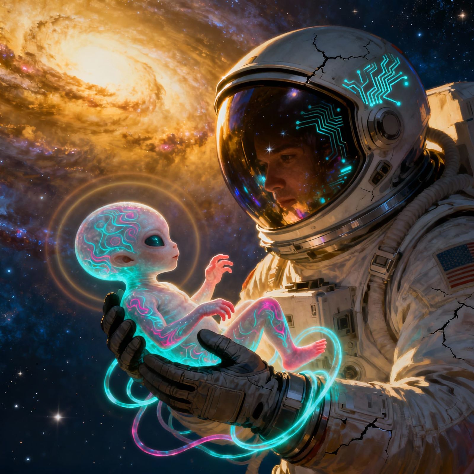 Astronaut and Alien Creature in Cosmic Nebula