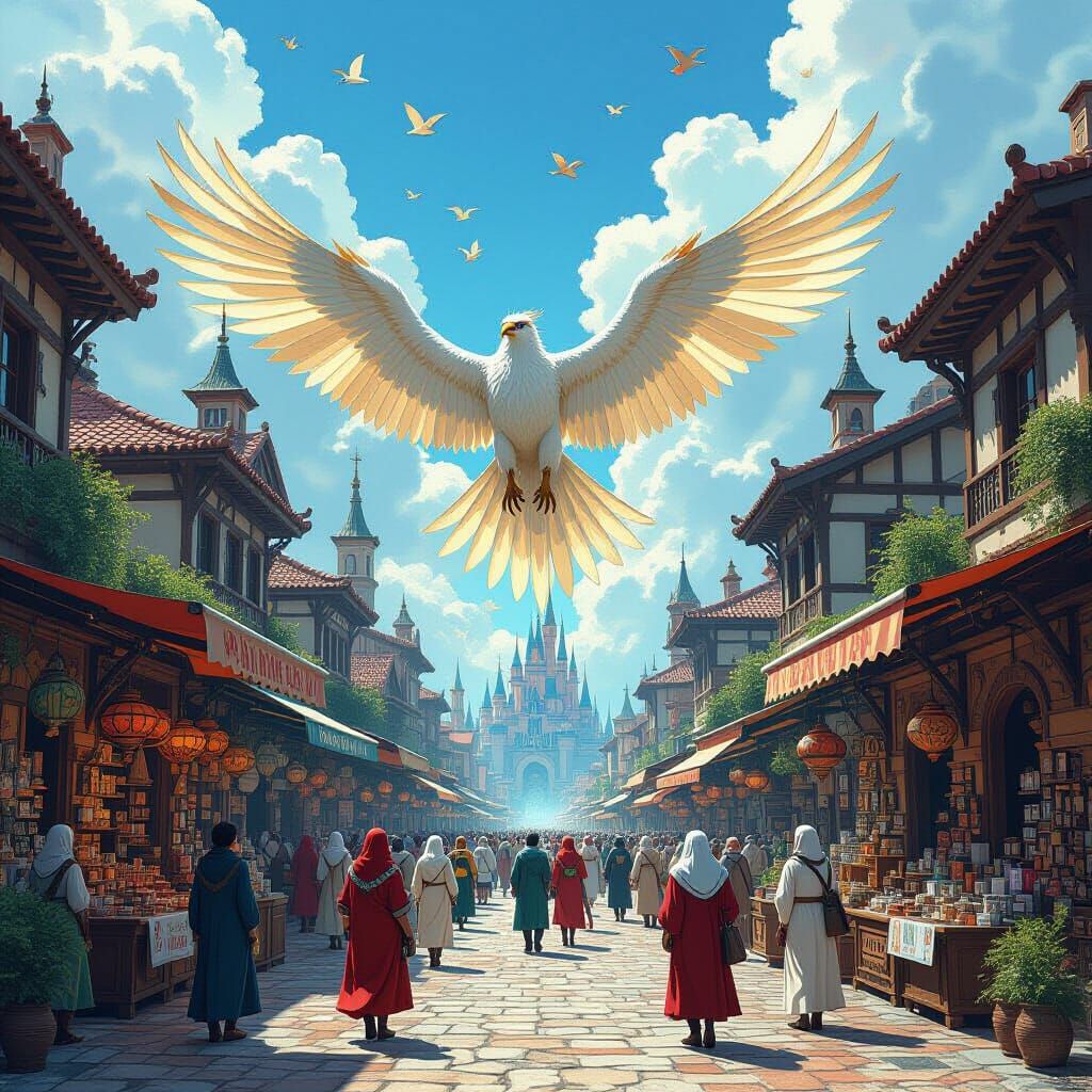 Fantasy City Marketplace with Glitched Griffin in Art Nouvea...