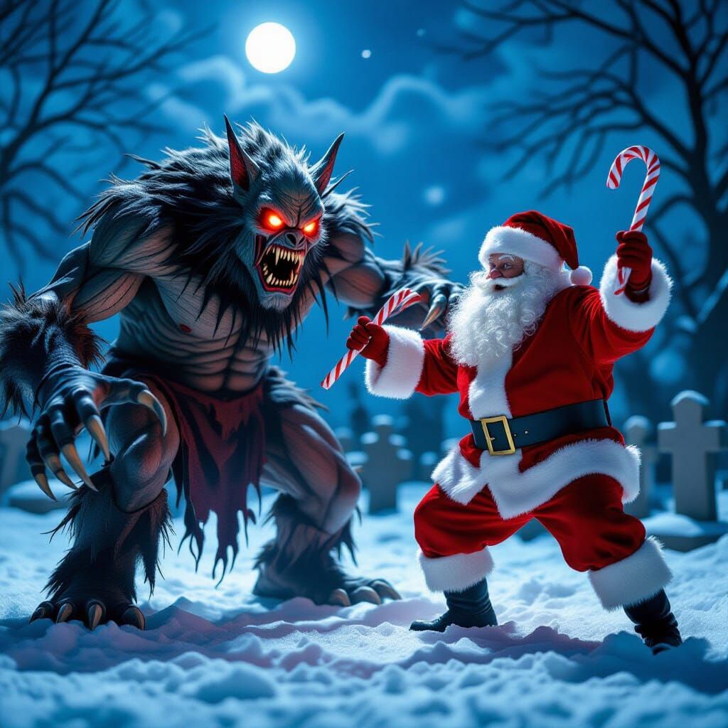 Halloween Monster Battles Santa in Snowy Graveyard
