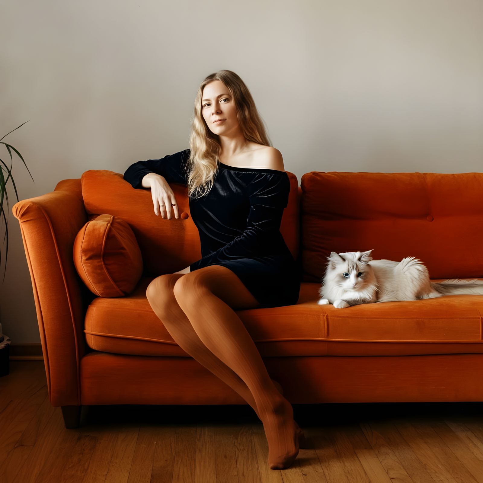 Woman Relaxing on Orange Sofa in Elegant Velvet Dress