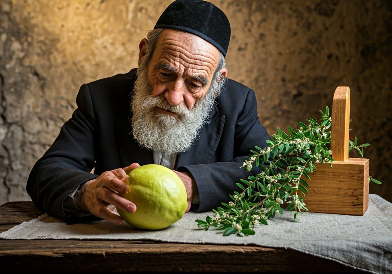 Elderly Jew Inspects Citrus Fruit in Ancient Jewish Market