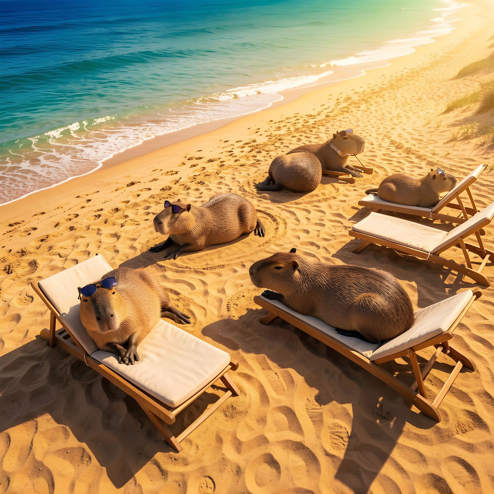 Capybaras Sunbathing on Beach in Hyperrealistic Style