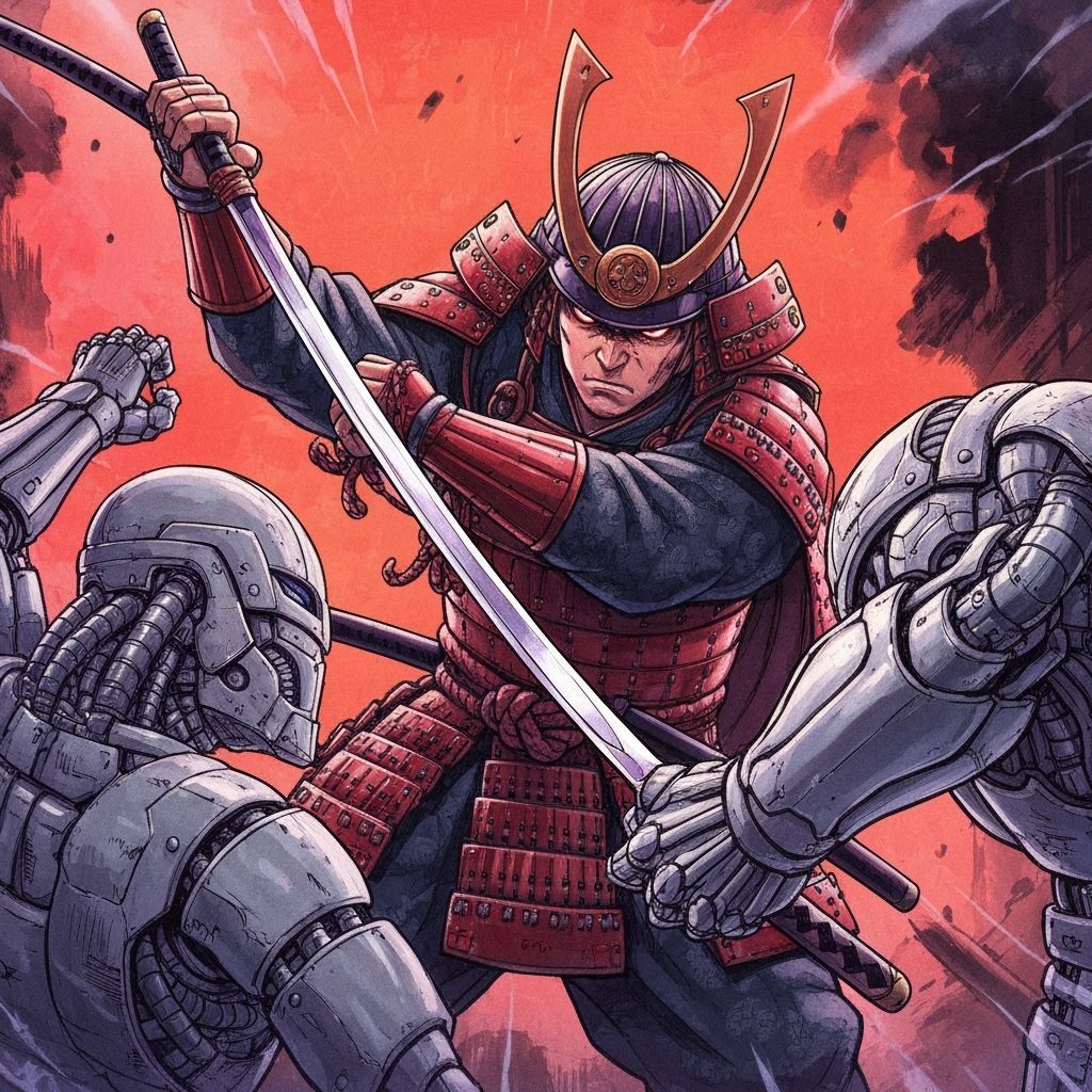 Samurai Battles Cyborg in Dynamic Manga Style