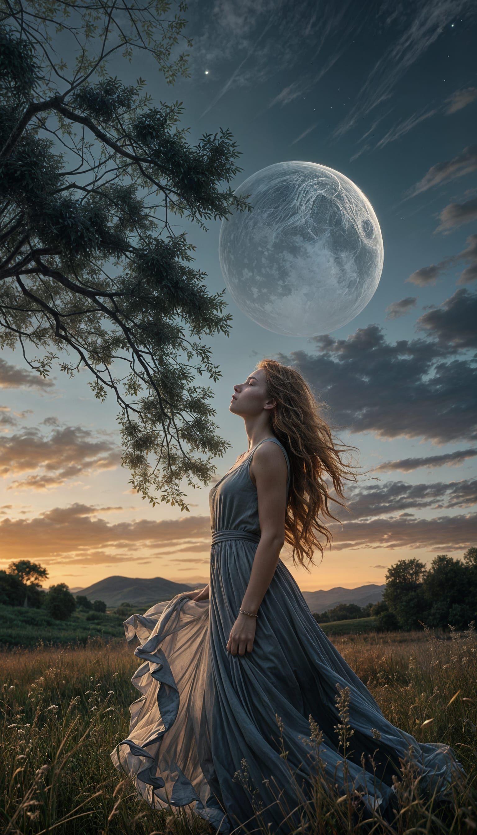 Hyper-Realistic Woman in Ethereal Twilight Meadow