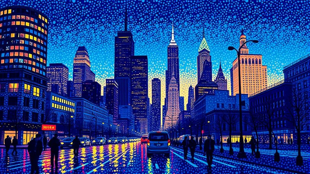 Pointillist Cityscape at Dusk: Urban Lights in Dot Art