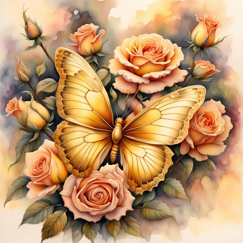 Golden Butterfly and Roses Watercolor Painting