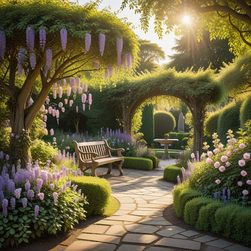 English Garden in Serene Golden Light