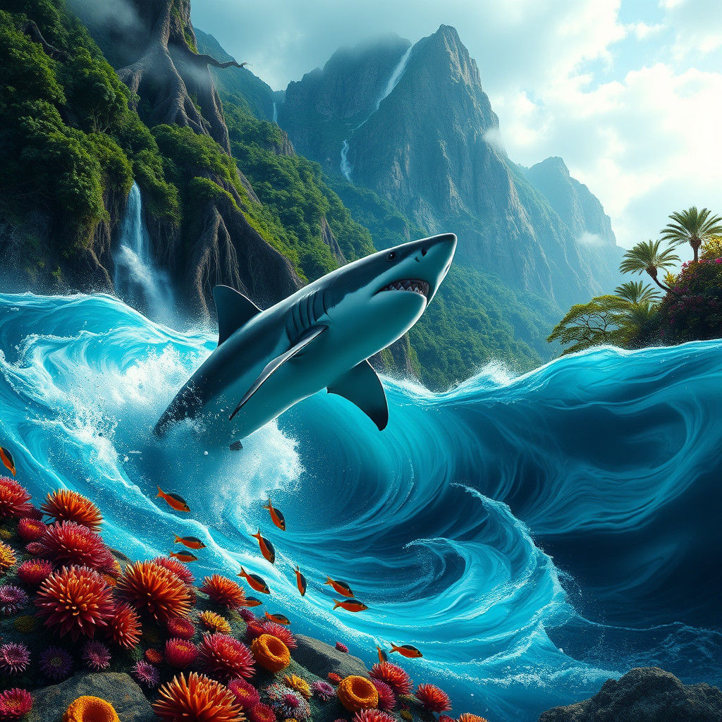 Shark Breaching Near Mountain in Aquatic Chaos