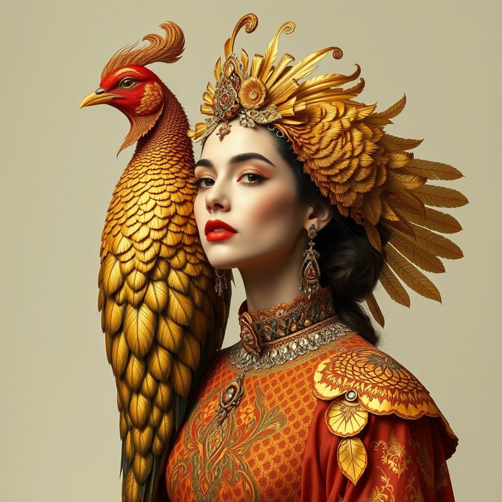 Golden Pheasant Woman in Art Nouveau Style