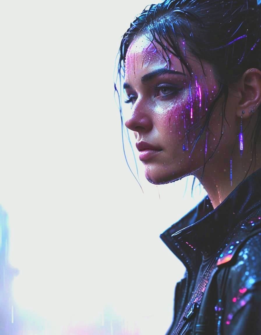 Neon Rain on Face: Urban Cyberpunk Aesthetic