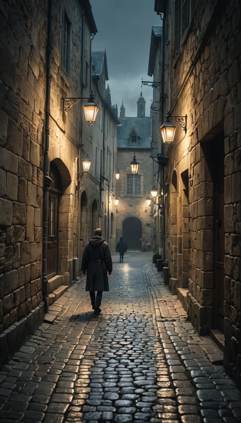 Medieval Alley in Le Mans, France, with Moody, Foggy Atmosph...