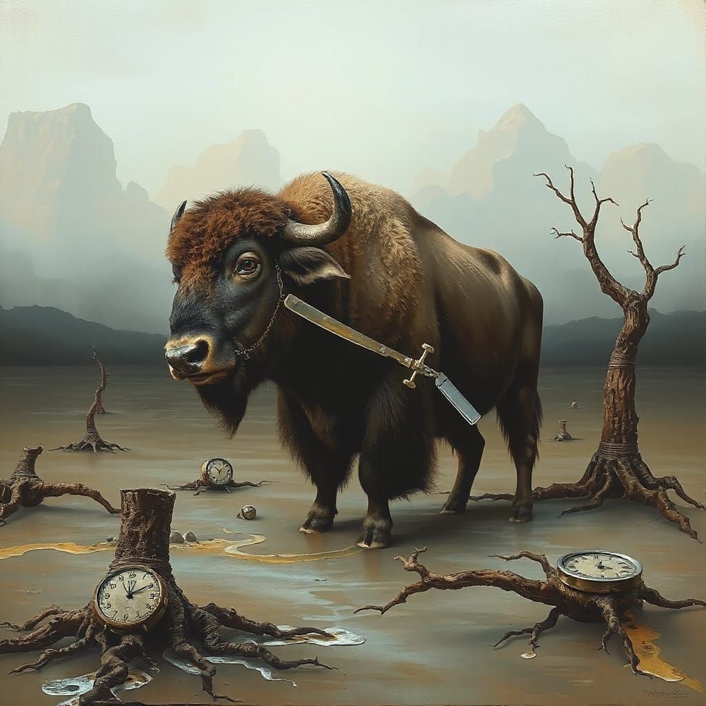 Buffalo Shaving in Dreamlike Surrealist Landscape