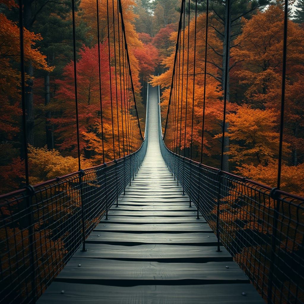 Wooden Suspension Bridge in Autumn Forest