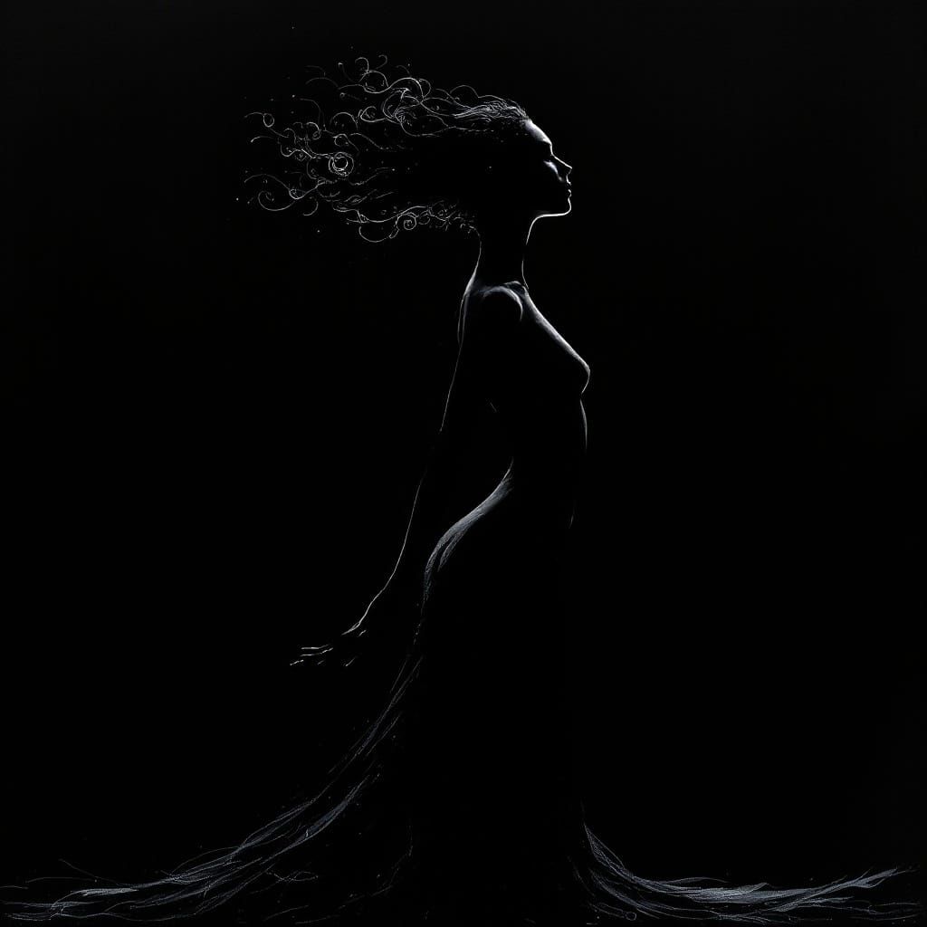 Dark Allure of an Elven Dancer in Shadowy Black Silhouette