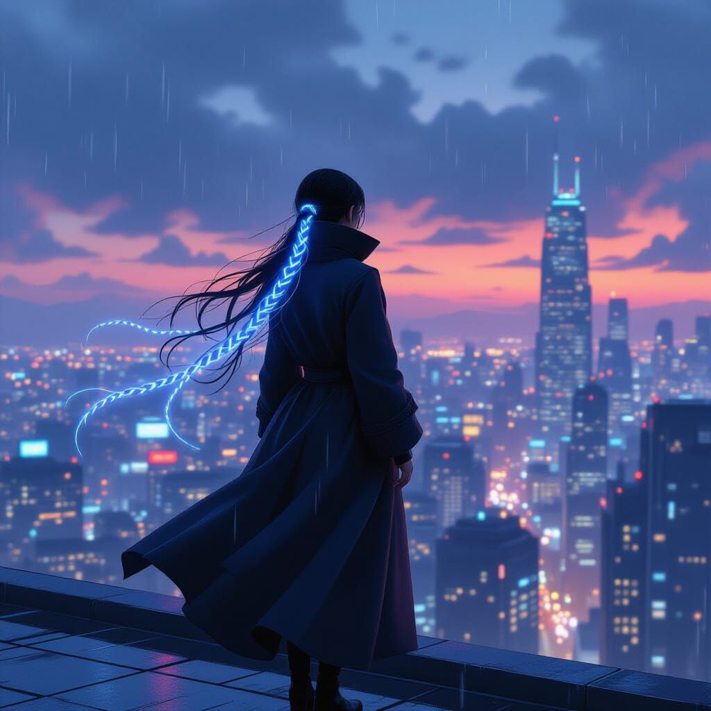 Futuristic Woman with Glowing Braids in Painterly Style