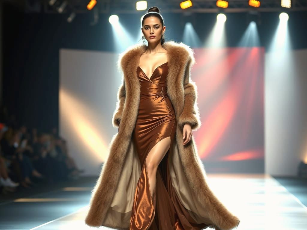 Model Showcases Brown Faux Fur Coat and Gilded Dress