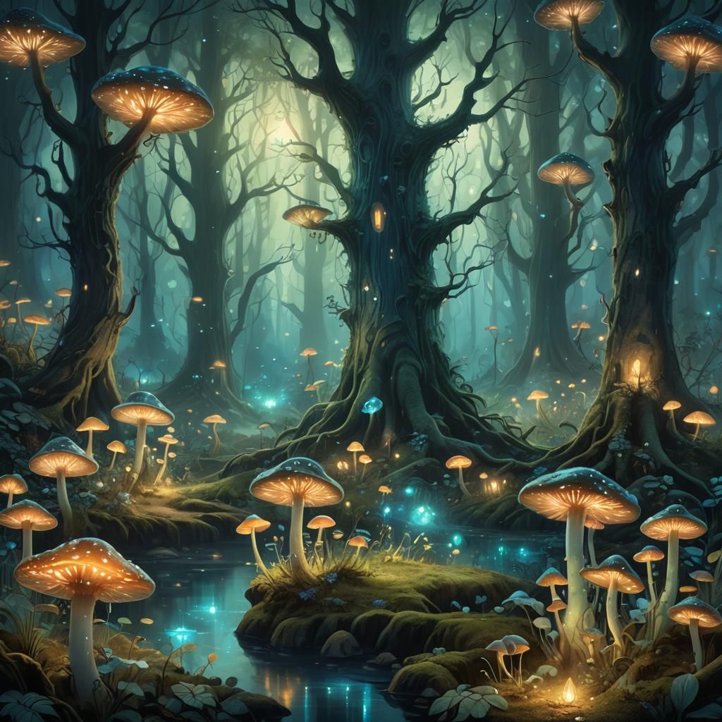 Mystical Forest Crystal: An Enchanted Dusk Scene