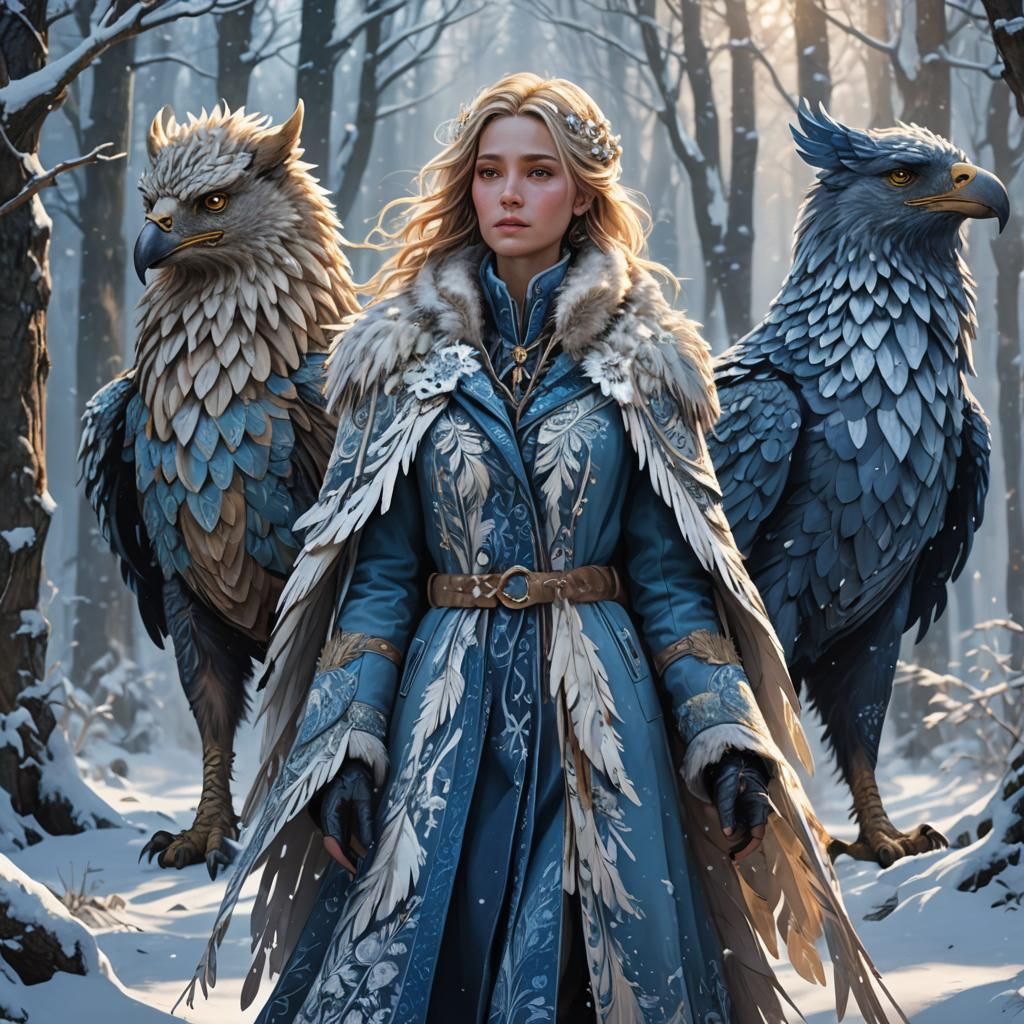 Woman and Griffon in Snowy Forest, Fantasy Art