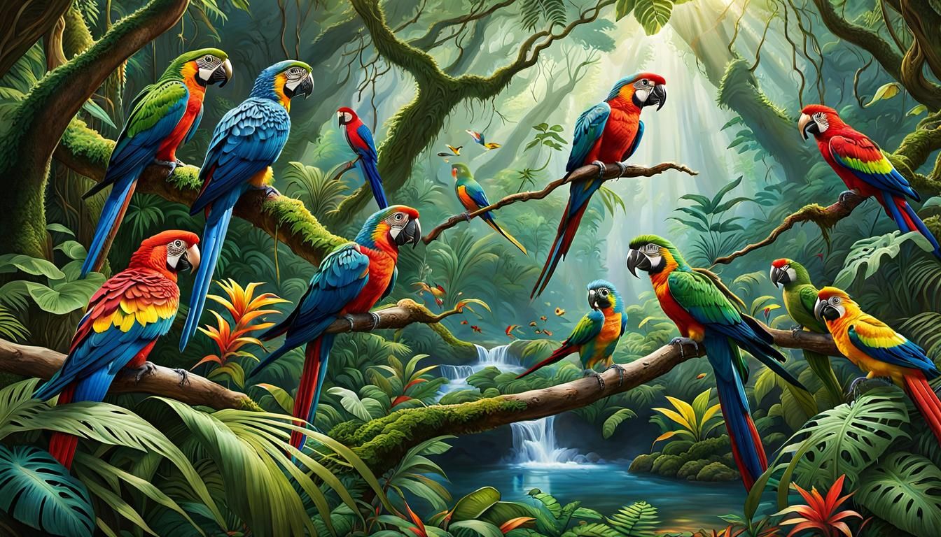 Lush Tropical Rainforest Landscape with Colorful Parrots