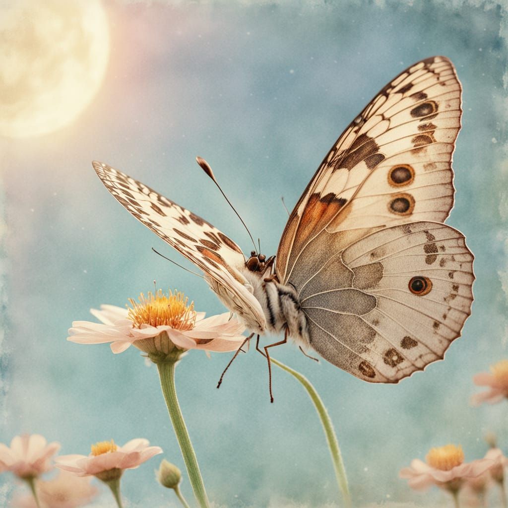 Whimsical Shabby Chic Butterfly Illustration with Art Deco E...