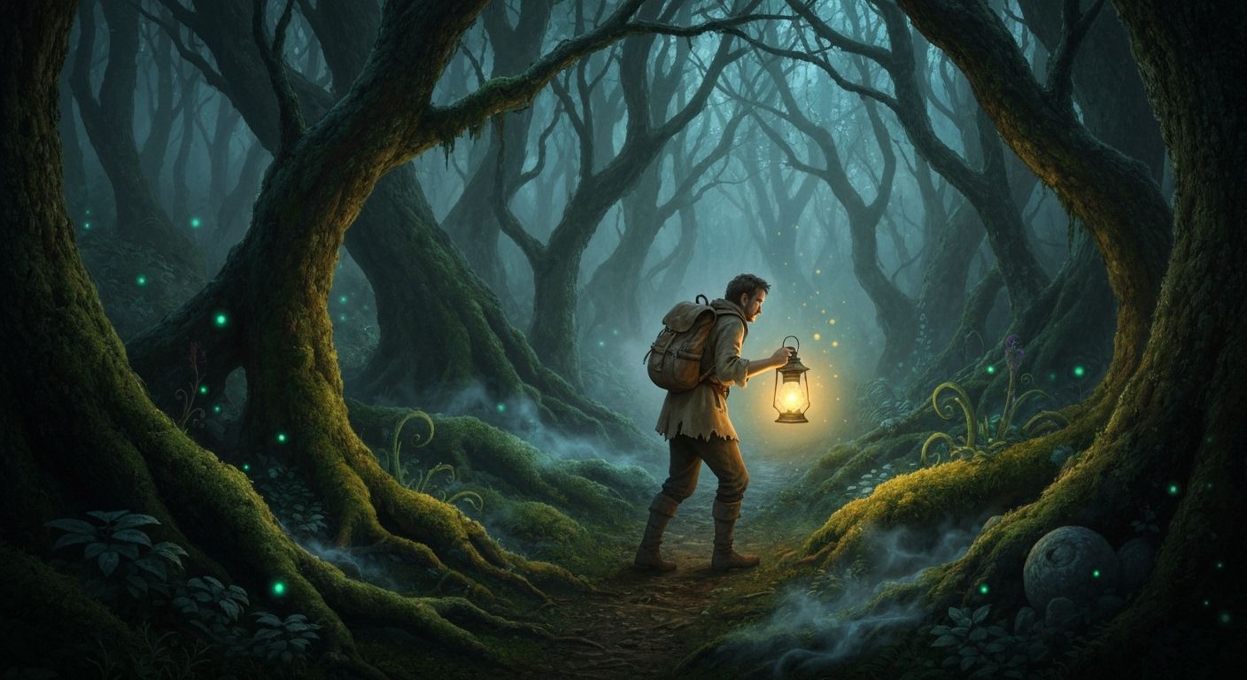 Magical Lantern Guides Explorer Through Ancient Forest