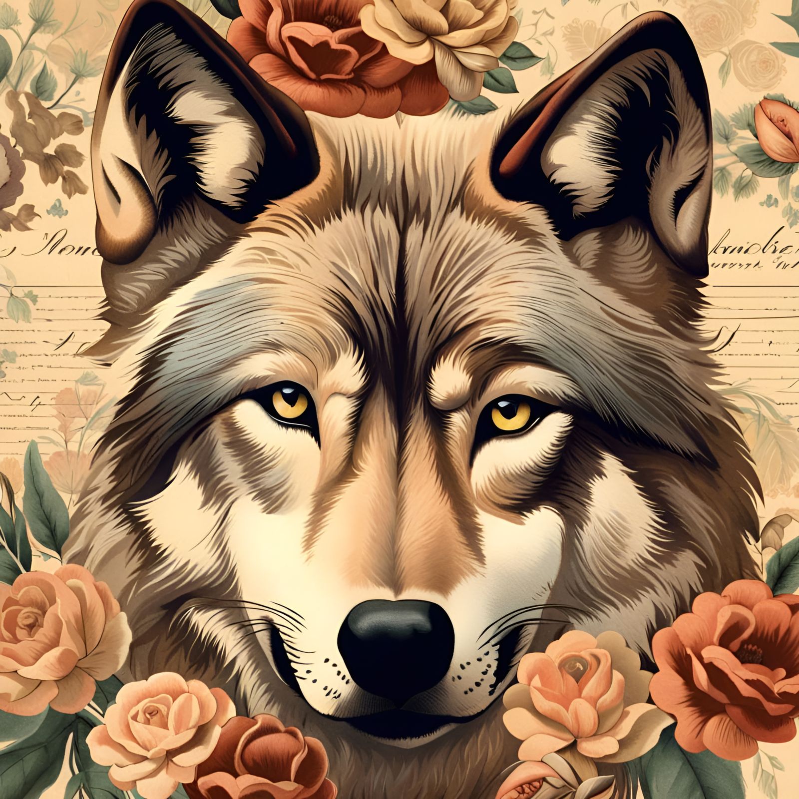 Vintage Wolf with Flowers and Antique Script