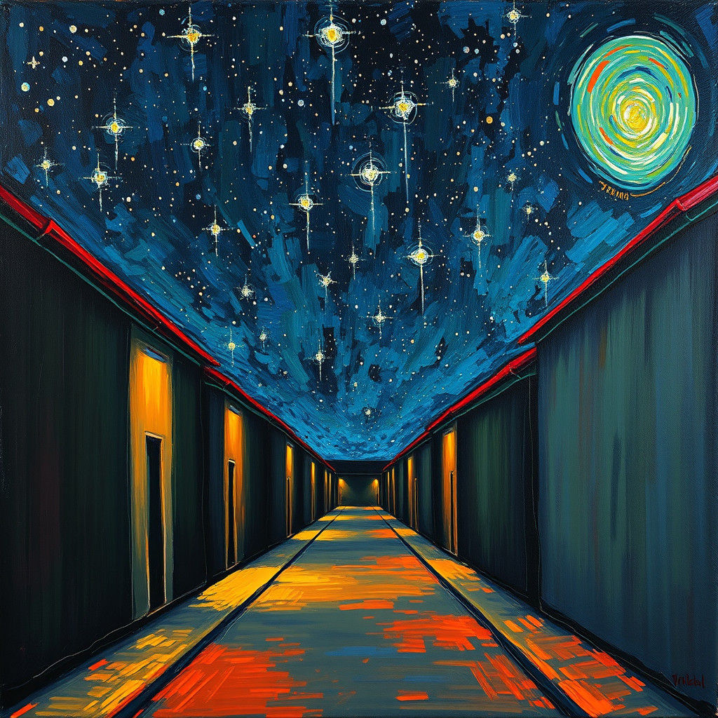 Endless Alleyway under Starry Sky: Expressionist Oil Paintin...