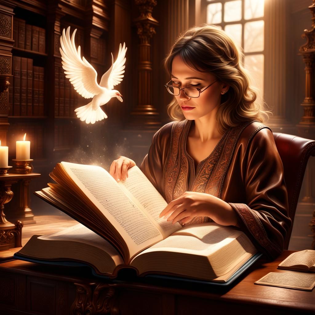 Woman Reading Bible in Holy Light, Digital Painting